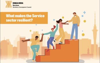 An illustration of people walking up some stairs. The graphic reads, what makes the Service sector resilient?