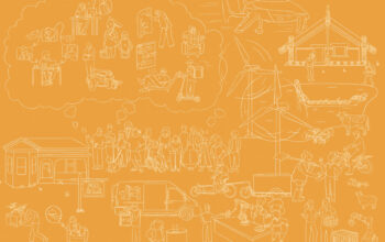 An orange-toned illustration featuring various community and workforce scenes, including people, buildings, and wind turbines.