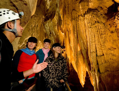 A group of people wearing helmets and warm clothes stands inside a cave with large golden stalactites. A guide in a white helmet gestures while explaining something.