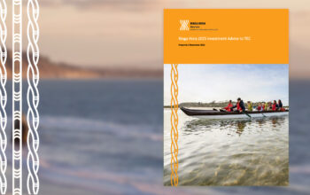 A report cover titled 'Ringa Hora 2025 Investment Advice to TEC' features a photo of people paddling a waka (canoe) on calm water. The top section has an orange background with the Ringa Hora logo, and decorative woven patterns run vertically along the sides. The background shows a blurred coastal scene.