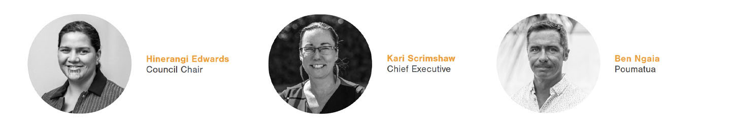 Three profile images of two wahine, and one tane. On the far left Hinerangi Edwards. In the middle is Kari Scrimshaw. On the right is Ben Ngaia.