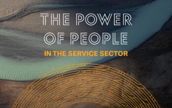The cover of a report titled 'The Power of People in the Service Sector.' The background features an aerial view of a winding river meeting the land, symbolizing flow and connection. A circular golden fingerprint-like design overlays the lower section, reinforcing themes of identity and impact.