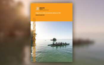 Cover of the 'Ringa Hora 2026 Investment Advice to TEC' document. The cover features a split design with an orange upper section containing the Ringa Hora logo and report title, while the lower section displays a scenic coastal image. The image showcases a traditional waka (canoe) with paddlers gliding through calm, clear waters, surrounded by rocks and lush greenery under a bright sky.