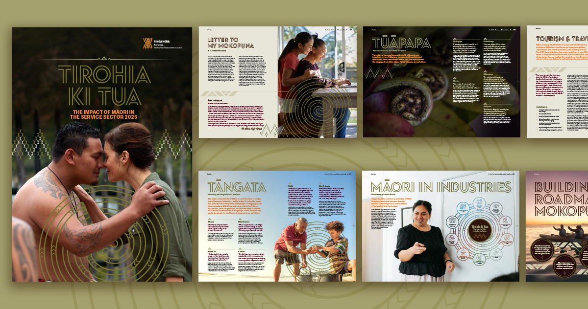 Cover and internal pages of Tirohia ki Tua on a light khaki background